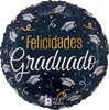 Round balloon with felicidades graduado text, dark background, gold and white letters, graduation caps, diplomas, confetti, anagram logo