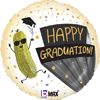 Round balloon with happy graduation text, cartoon pickle wearing sunglasses holding graduation cap, confetti accents