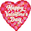 Heart shaped balloon with red and pink checkered background white cursive Happy Valentines Day text and floral heart decorations