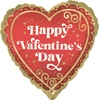 Red heart shaped Happy Valentines Day balloon with gold border and decorative swirl accents
