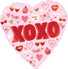 Heart shaped balloon with pink background bold red XOXO text and decorative icons including hearts lips cupcakes and hugs