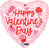 Heart-shaped pink balloon with Happy Valentines Day text and illustrations of cupcakes and wine glasses