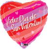 Heart-shaped balloon with red and pink gradient background scattered hearts and Feliz Dia de San Valentin text in Spanish