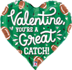 Heart shaped foil balloon with green background white Valentine Youre a Great Catch text football patterns and small heart accents