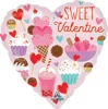 This balloon has a heart shape with a bunch of Valentine sweet treats all over and in the corner it has the words Sweet Valentine