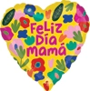 Heart shaped yellow balloon with colorful flowers green leaves and bold pink Feliz Dia mama text in the center