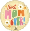 Round yellow balloon with colorful Best MOM EVER text, smiling white daisies, orange flowers, playful and cheerful design