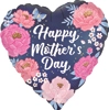 Heart shaped balloon with dark blue background pink and white flowers butterfly and Happy Mothers Day text in white cursive