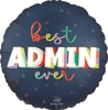 Round balloon with dark blue background colorful text reading best ADMIN ever and scattered multicolored dots