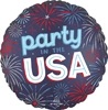 Round foil balloon with party IN THE USA text, bold white USA letters, dark blue background, red white blue fireworks design