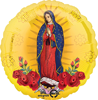This balloon has a bright yellow background and features the Lady of Guadalupe standing among Roses