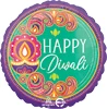 This balloon has a teal background with a purple border and the words happy diwali with madala accents around it