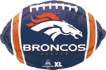 This balloon is a football shape with the broncos logo with the name below it