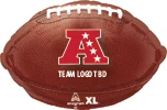football shaped foil balloon with brown textured design red A logo with white stars and placeholder team text for sports party decor