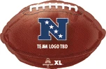 football shaped foil balloon with brown textured design blue N logo with white stars and placeholder team text for sports party decor