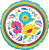 Colorful floral fiesta balloon with hibiscus flowers, tropical leaves, and vibrant party design on a bright background