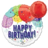 Round foil balloon with colorful balloons confetti and streamers featuring bold happy birthday text in blue to purple gradient