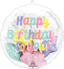 This clear balloon has star shaped balloons inside of it with the festive message Happy Birthday to you on the front surrounded by stars