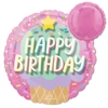 Round foil balloon with happy birthday text colorful cupcake illustration pink border and sprinkle accents for birthday celebrations