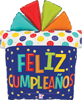 This bright and cheerful colored birthday gift balloon features the Spanish birthday message Feliz Cumpleanos on the front and surrounded by smiley faces and polka dot confetti