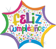 This balloon is in the shape of a burst with multi-colored confetti surrounding the Cheerful Spanish Happy Birthday message 