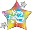 Star shaped foil balloon with multicolored gradient background white happy birthday to you text white polka dots and silver star accents