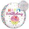 round birthday balloon with colorful happy birthday text smiling cupcake graphic gold star accents and multicolor checkered border
