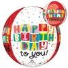 Orb shapped foil balloon with colorful block happy birthday text confetti pattern and party time hooray alternate side