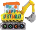 A claw truck shaped balloon that says happy birthday on it
