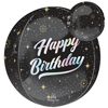 Round foil orbz happy birthday balloon with black background pastel script lettering gold stars sparkles and firework accents