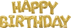 A balloon shaped like letters spelling out happy birthday in the color gold