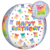 white spherical balloon with happy birthday text colorful gummy bear pattern and confetti accents for kids party decor
