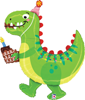 green dinosaur shaped foil balloon with party hat birthday cake candle colorful confetti accents and bright red spikes for dinosaur themed birthday party decor