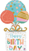 gift box shaped foil balloon with Happy Birthday text colorful pastel balloon graphics ribbon accents and confetti details for birthday party celebration decor