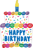Cake shaped foil balloon with colorful swirl candy decorations confetti birthday candle and happy birthday text helium party decoration