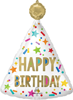Party hat shaped foil balloon with gold happy birthday text colorful confetti stars and gold topper helium party decoration