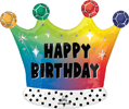 Rainbow crown shaped foil balloon with jewel accents sparkling details and happy birthday text helium party decoration