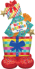 gift box shaped foil balloon with colorful presents ribbon bows stars and happy birthday to you text festive party decoration