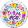 This Bubble balloon has a festive message Birthday Wishes on the front and is surrounded by a bright floral wreath