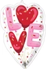 Clear heart shaped LOVE balloon with pink letters red hearts and colorful confetti accents