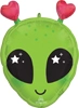 Green alien head balloon with large black eyes and red heart shaped antennae on top