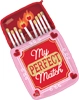 Matchbox themed balloon with My Perfect Match text lit matches and small red heart accents on a pink and red background