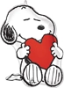 Snoopy character balloon holding a large red heart with white body black ears and simple cartoon design