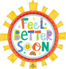 Feel better soon foil balloon shaped like a smiling sun with colorful lettering stars rainbow accent and sun rays