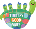 Turtle shaped foil balloon with turtley good vibes message colorful tropical patterns raised flippers and playful details