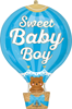 Blue hot air balloon shaped sweet baby boy foil balloon with striped design teddy bear basket and heart accents