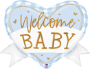 Heart shaped balloon with blue gingham pattern gold Welcome Baby text and small heart accents for baby shower decoration