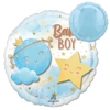 Round foil balloon with blue crowned planet smiling star fluffy cloud gold sparkles and Baby Boy text on celestial background
