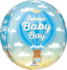 Round foil orbz sweet baby boy balloon with blue hot air balloon clouds gold stars and teddy bear basket design