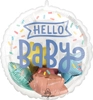 This balloon has a clear outside that says Hello Baby in blue lettering with colorful starts inside